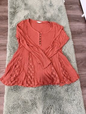 Lucky Brand Waffle Knit Lace Panel Long Sleeve Top - Coral